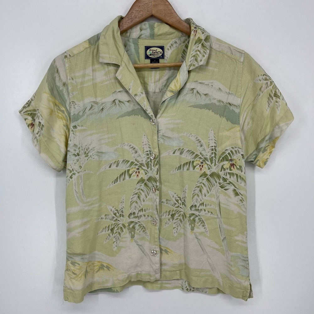 Tommy Bahama Womens Small Green Silk Tropical Palm Tree Short Sleeve Camp Shirt
